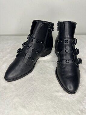 Gianni Bini Black Leather Studded Multi-Buckle Moto Ankle Boots - Size 7